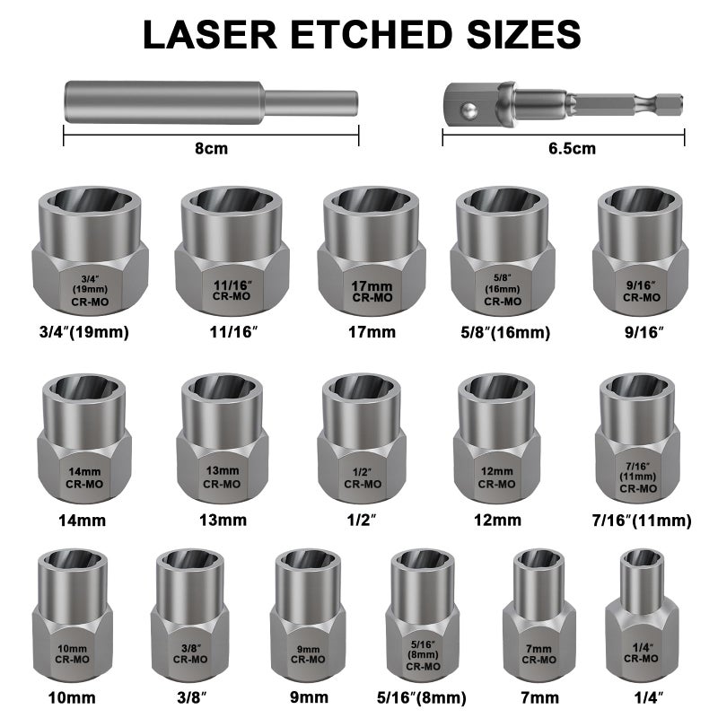 Topec 18-Piece Stripped Bolt Extractor Kit  3/8"" Drive Rounded Bolt & Nut Remover  Lug Nut Removal Tool with Hex Adapter  Extractor Socket Set for Damaged Fasteners - Image 2